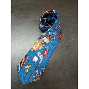 Oleg Cassini Men's Golf Theme Neck Tie Blue Gold Umbrella Flag Ball Bag
